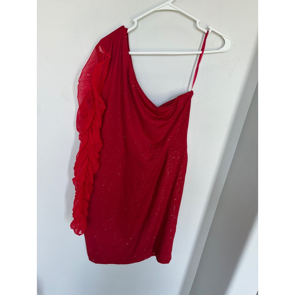 ChicMe Red Glitter One Shoulder Mesh Ruffle Sleeve Bodycon Mini Dress Womens XL
